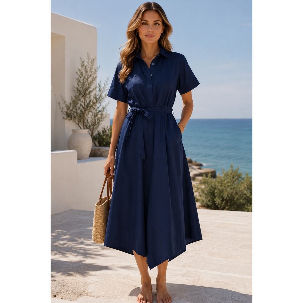 A.L.C. Navy Cotton Tie Waist Midi Dress 2 Button Front Quiet Luxury Coastal Chic
